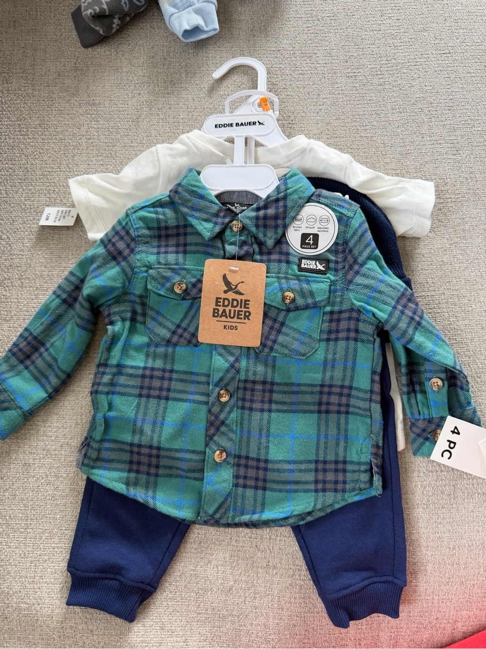 Eddie Bauer Kids Teal and Navy Plaid Button-Down Shirt, 12 month, 4 piece set
